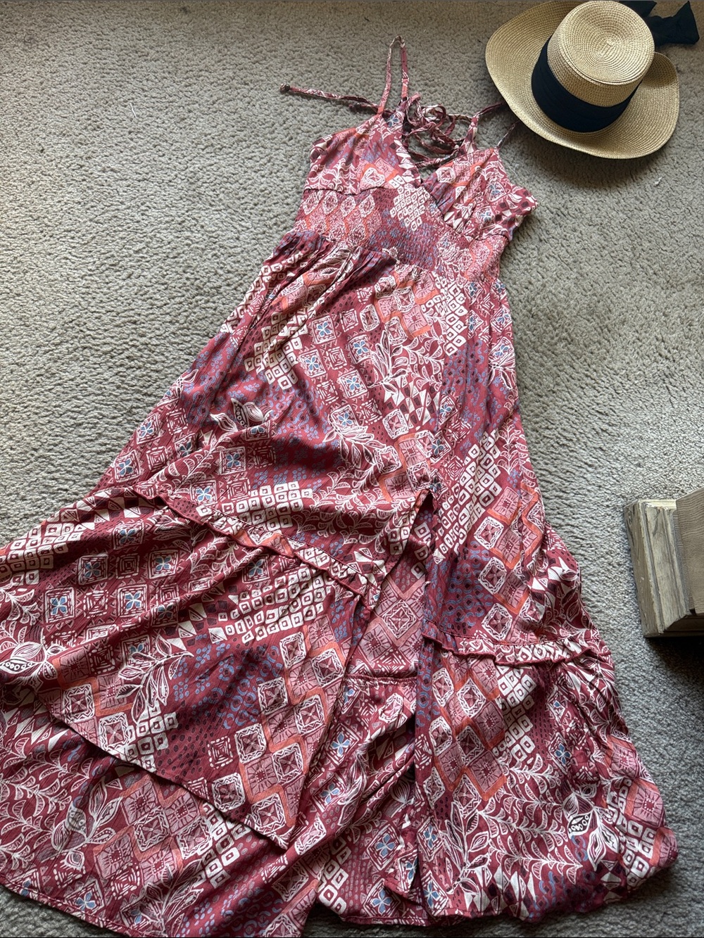 Angie 🔥🌴 BOHO Sundress Red Patterned Maxi Dress -with smocked elastic waist